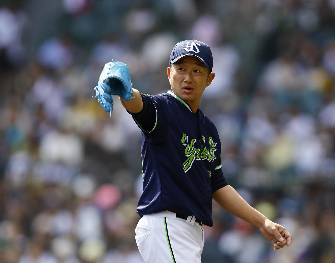 阪神対ヤクルト　2回を終えグラブで野手を指すヤクルト石川（撮影・藤尾明華）
