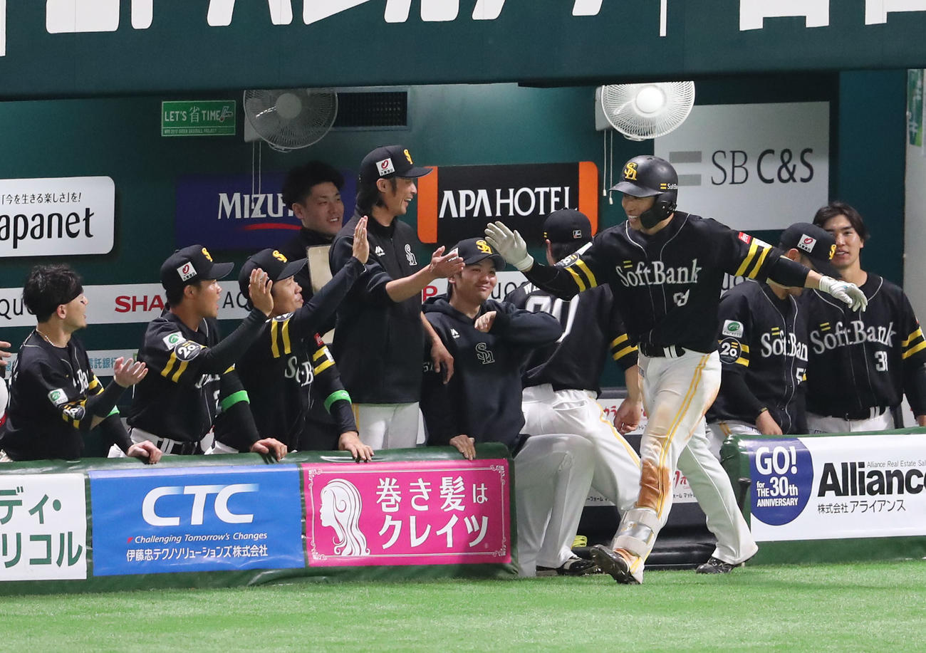 ソフトバンク対ロッテ　5回裏ソフトバンク無死、野村は左越えに勝ち越し本塁打を放ちナインとハイタッチ（撮影・梅根麻紀）