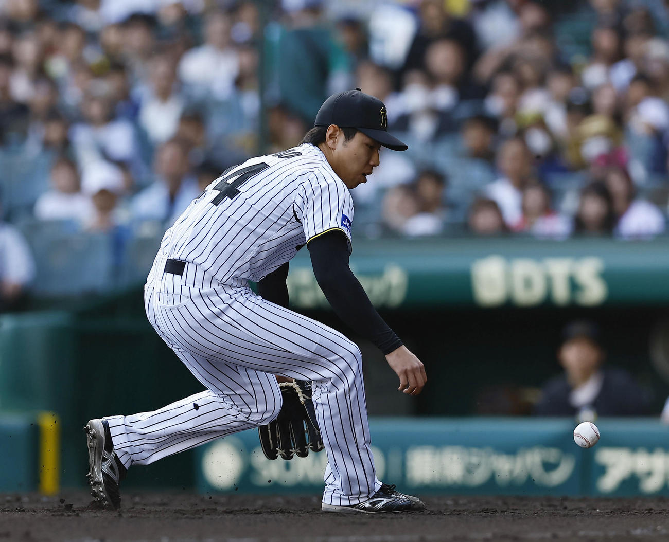 阪神対ヤクルト　8回表ヤクルト無死一塁、茂木の投前内野安打で処理をもたつく工藤（撮影・藤尾明華）