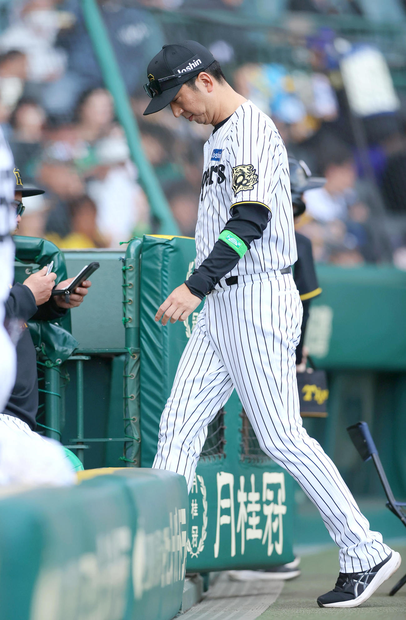 阪神対ヤクルト　8回裏の攻撃を終え、藤川監督は球審に交代を告げベンチへ戻る（撮影・上山淳一）