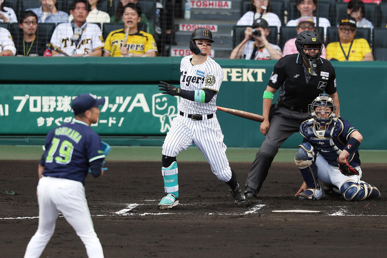 阪神対ヤクルト　7回裏阪神2死、左前打を放つ佐藤輝。投手石川（撮影・前田充）