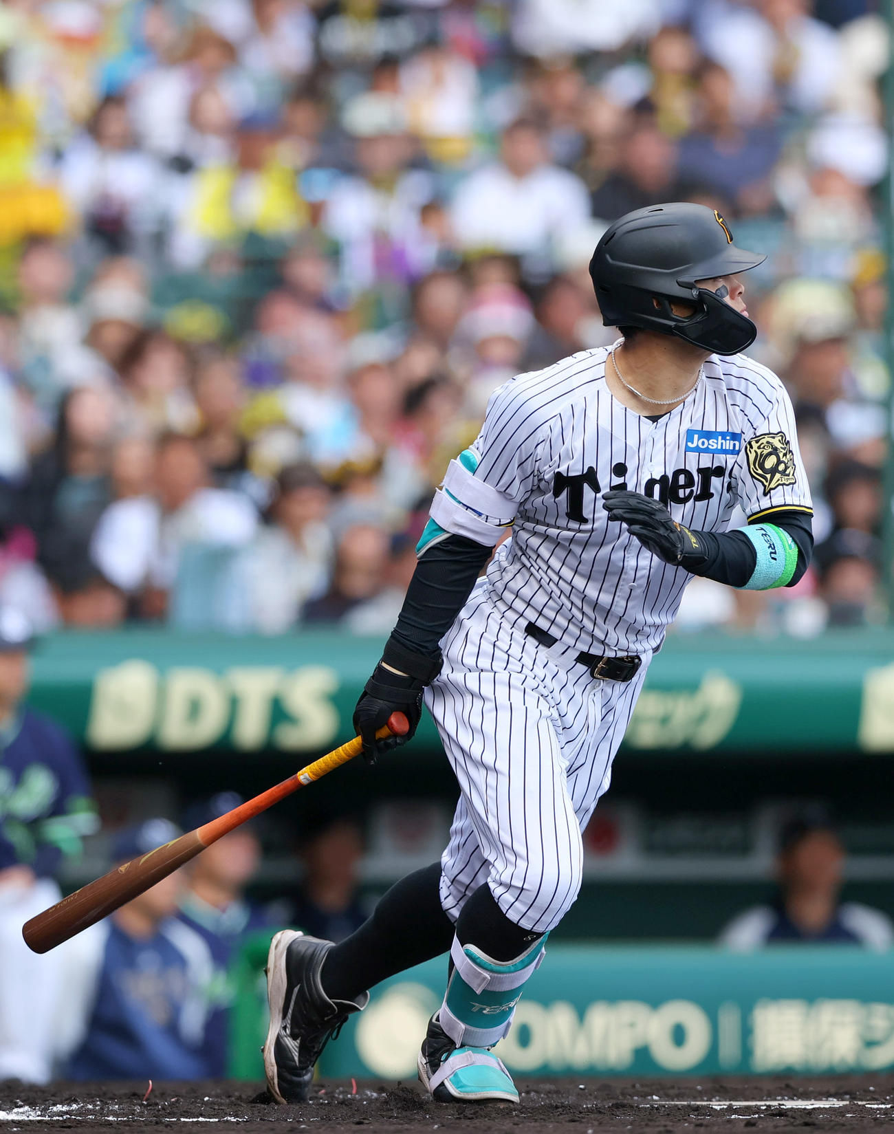 阪神対ヤクルト　6回裏阪神2死、佐藤輝は左前打を放つ（撮影・上山淳一）