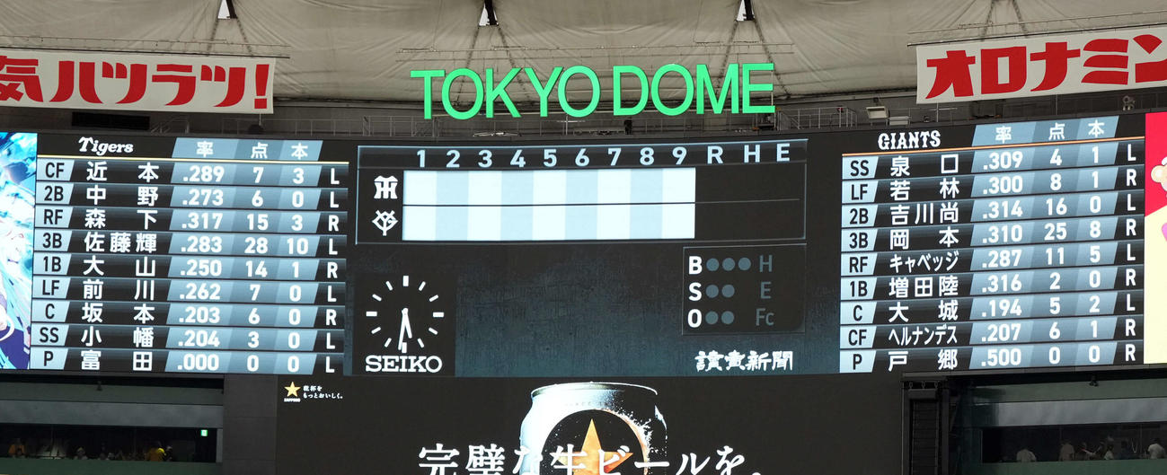 巨人対阪神　両チームの先発メンバー（撮影・たえ見朱実）