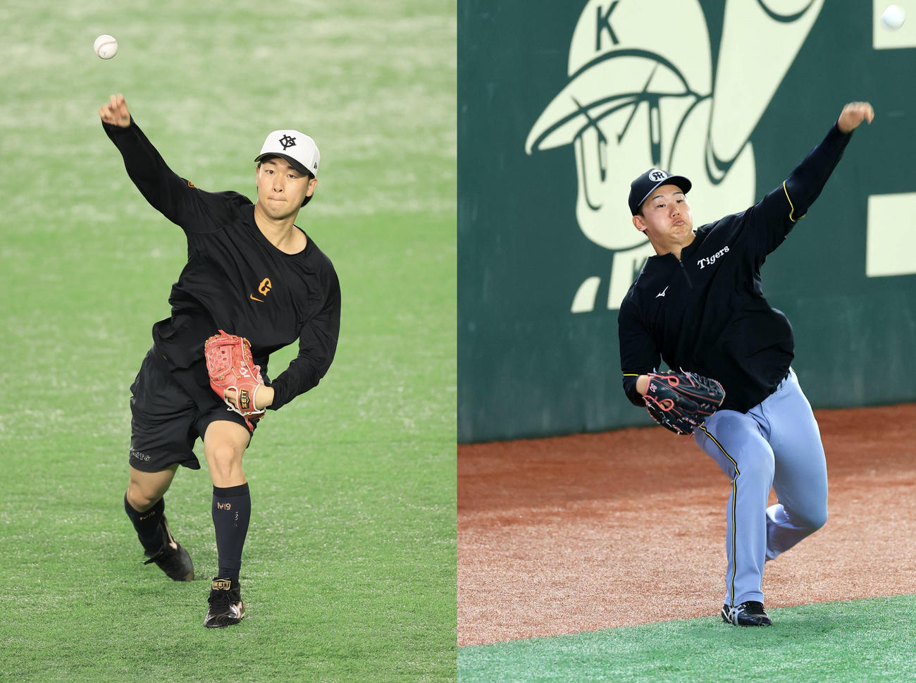 キャッチボールで調整する巨人山崎伊織（左）と阪神門別啓人