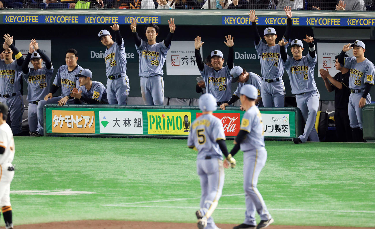 巨人対阪神　3回表阪神2死一、二塁、近本（手前）が右越え2点適時三塁打を放ち盛り上がるベンチ（撮影・浅見桂子）
