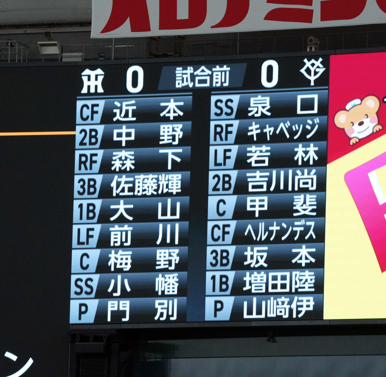 巨人対阪神　両チームの先発メンバー（撮影・たえ見朱実）