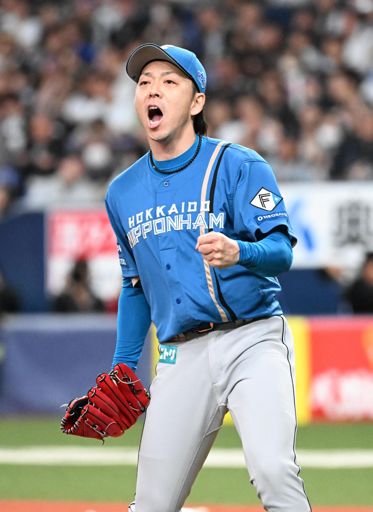 オリックス対日本ハム　10回裏オリックス2死満塁、頓宮を捕邪飛に打ち取りガッツポーズする宮西（撮影・和賀正仁）