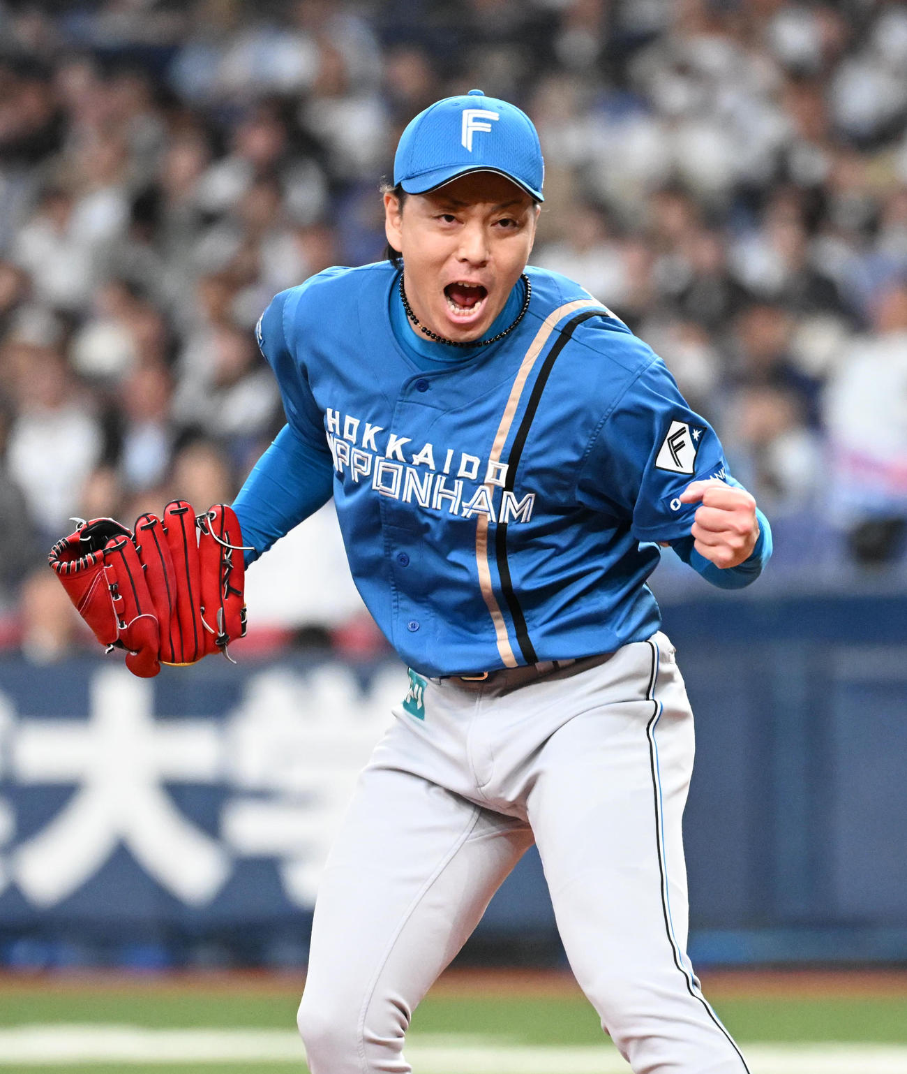 オリックス対日本ハム　10回裏オリックス2死満塁、頓宮を捕邪飛に打ち取りガッツポーズする宮西（撮影・和賀正仁）