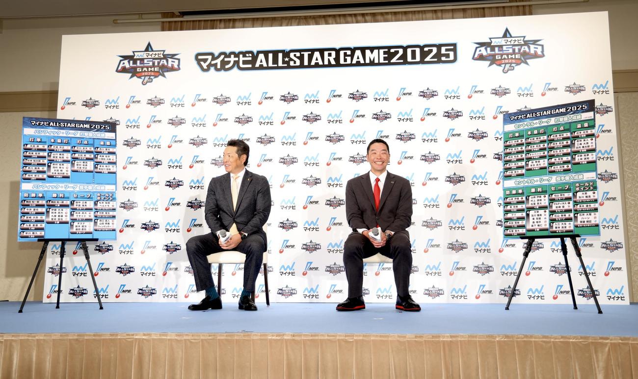 マイナビオールスターゲーム2025要項発表記者会見に臨むソフトバンク小久保監督（左）と巨人阿部監督（撮影・河田真司）