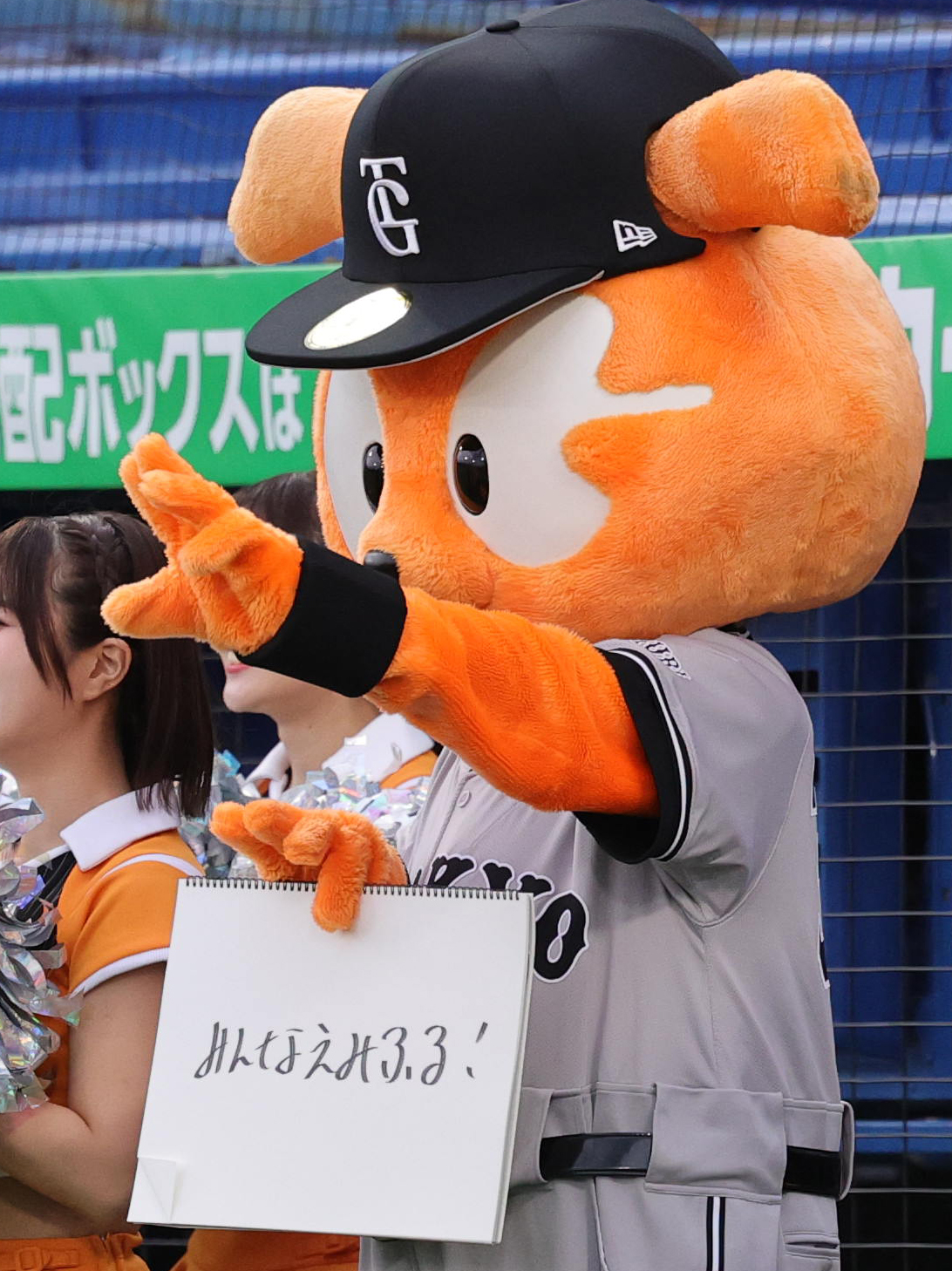 ヤクルト対巨人　試合前に登場したジャビットは、つば九郎が愛した言葉「みんなえみふる！」と記したフリップを出す（撮影・野上伸悟）