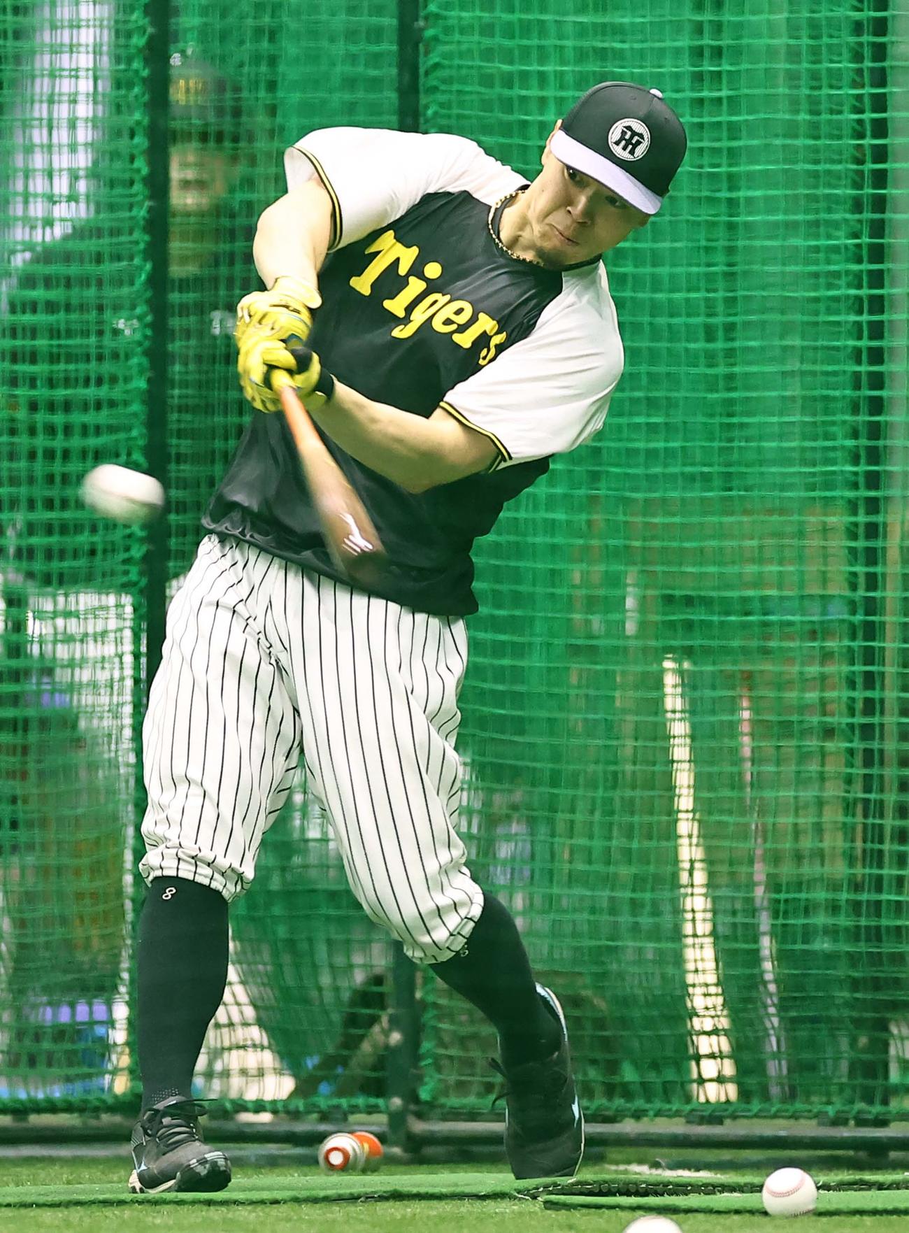 阪神対中日　フリー打撃練習をする佐藤輝（撮影・上田博志）