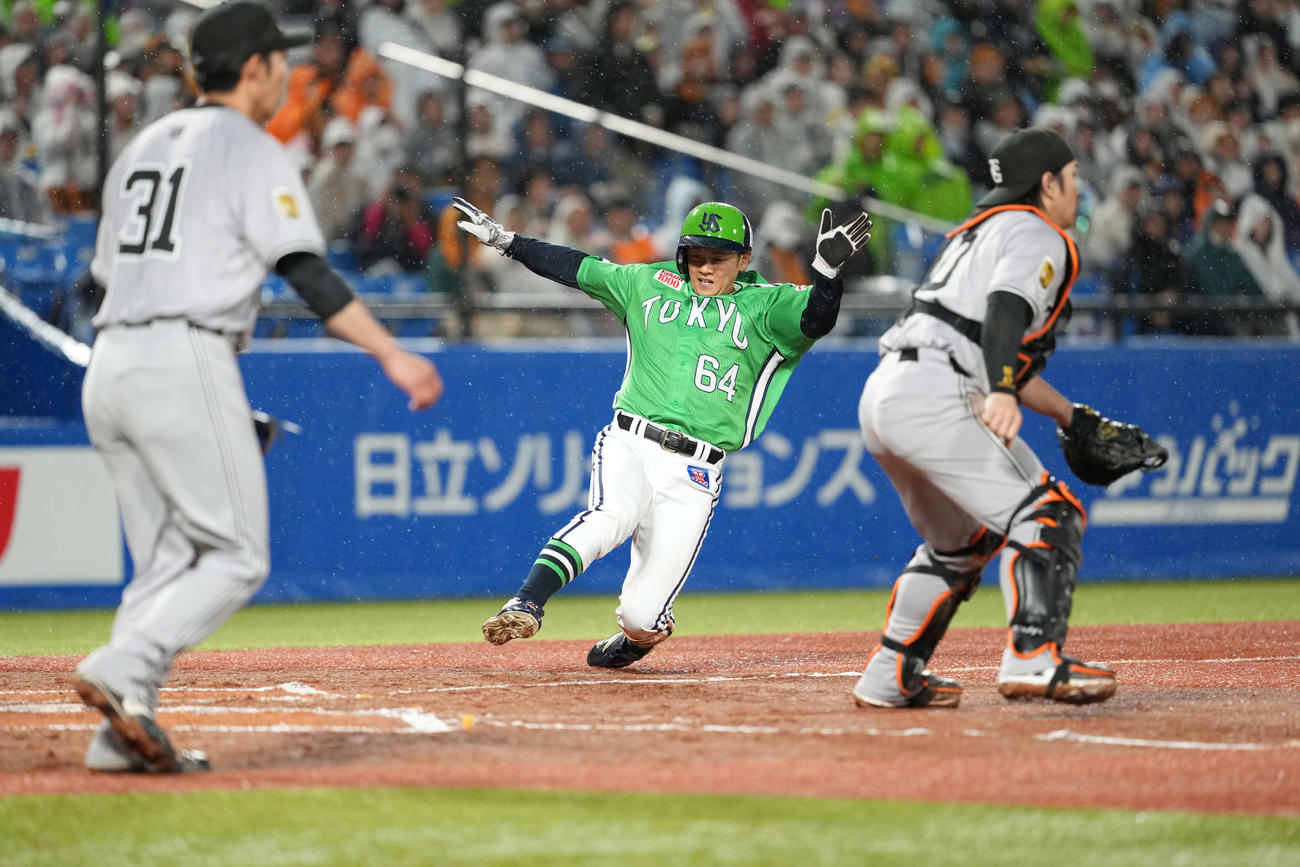 ヤクルト対巨人　6回裏ヤクルト1死二塁、サンタナの適時打生還した岩田。手前は赤星（撮影・井上学)