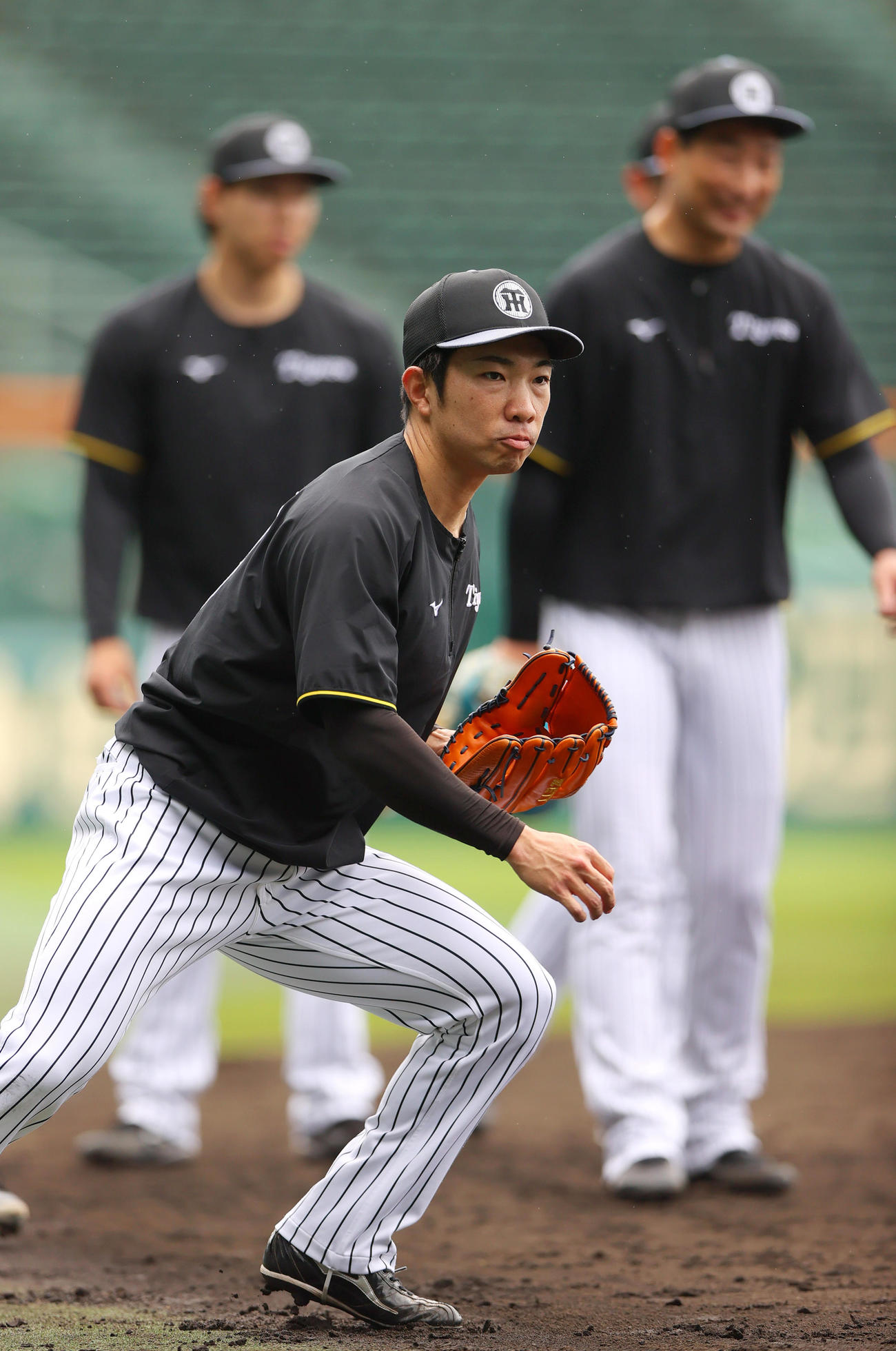 阪神対中日　試合前、ノックを受ける阪神石井（撮影・上山淳一）