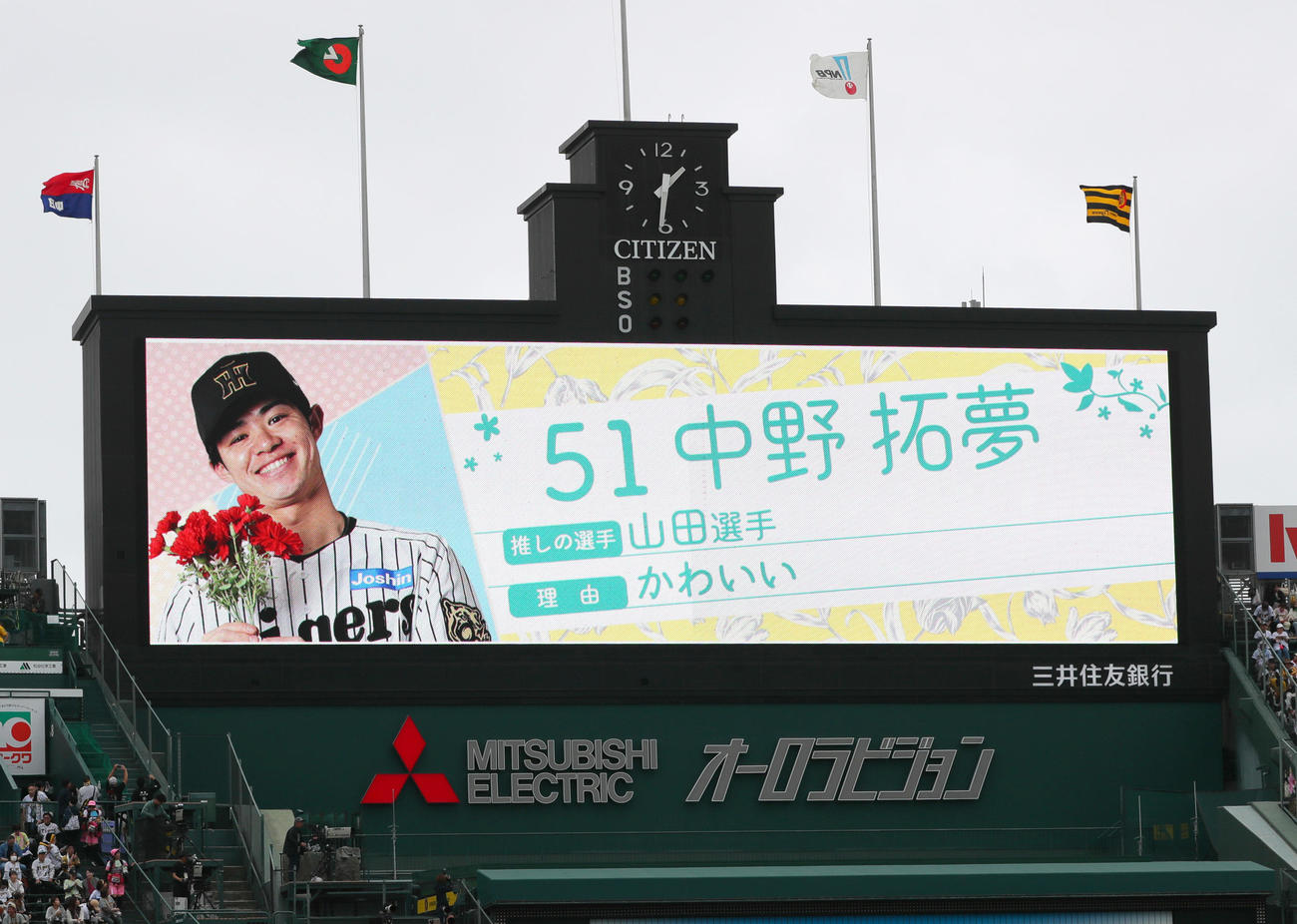 阪神対中日　「TORACO DAY」で推し選手を紹介する阪神中野（撮影・上山淳一）