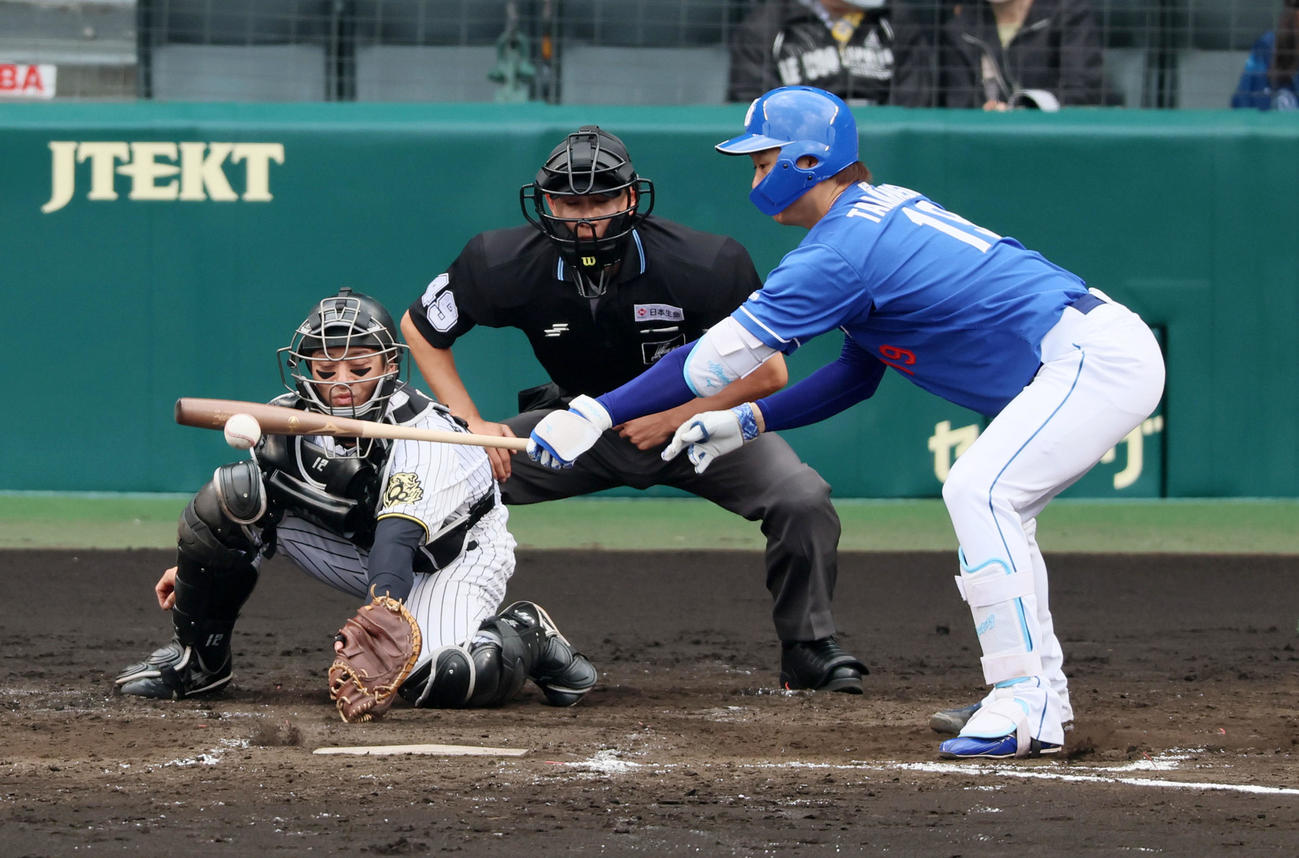 阪神対中日　5回表中日2死、高橋宏は投ゴロに倒れる。投手村上（撮影・加藤哉）