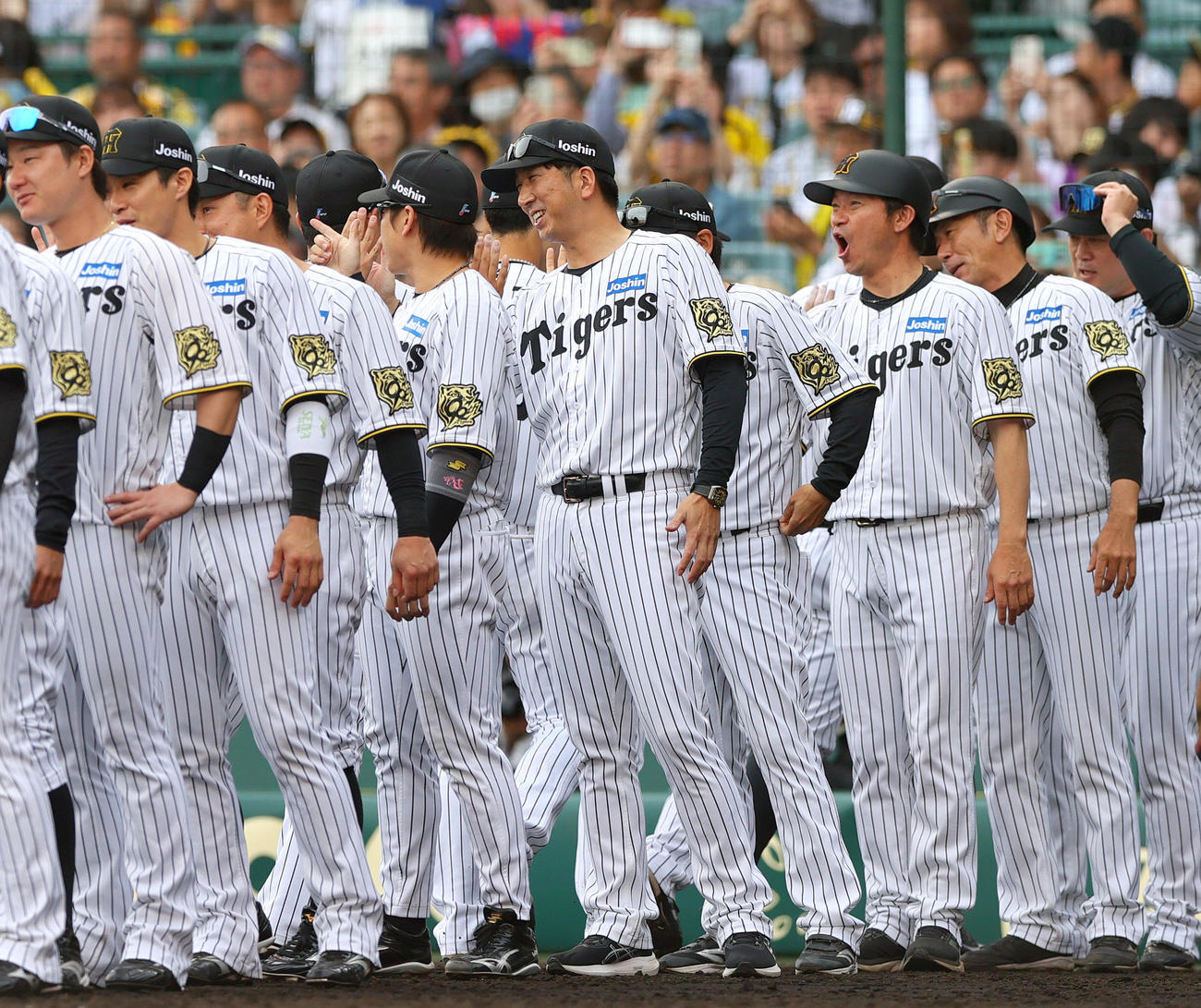 阪神対中日　中日に勝利した藤川監督（中央）はベンチ前でナインとタッチをかわす（撮影・上山淳一）