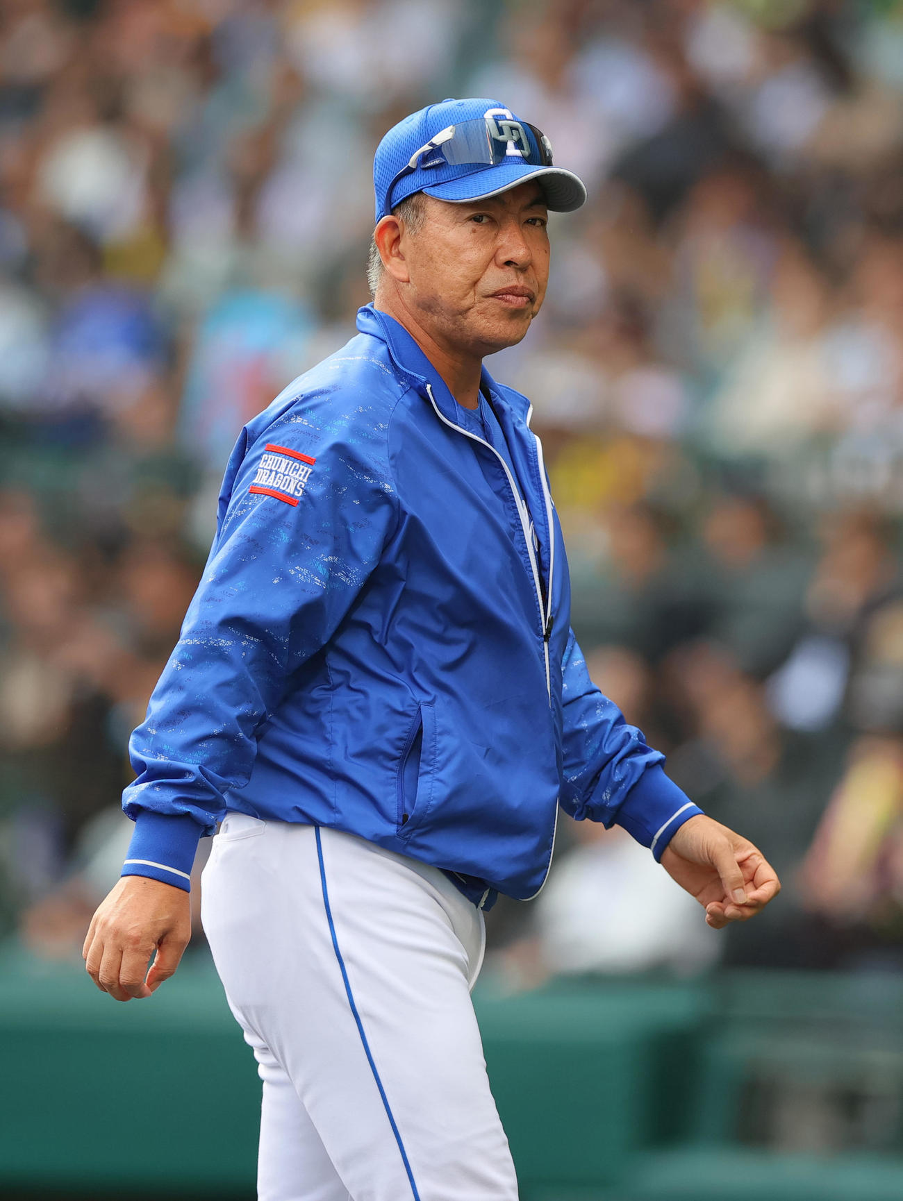 阪神対中日　6回裏、交代を告げベンチに引き上げる中日井上監督（撮影・上山淳一）
