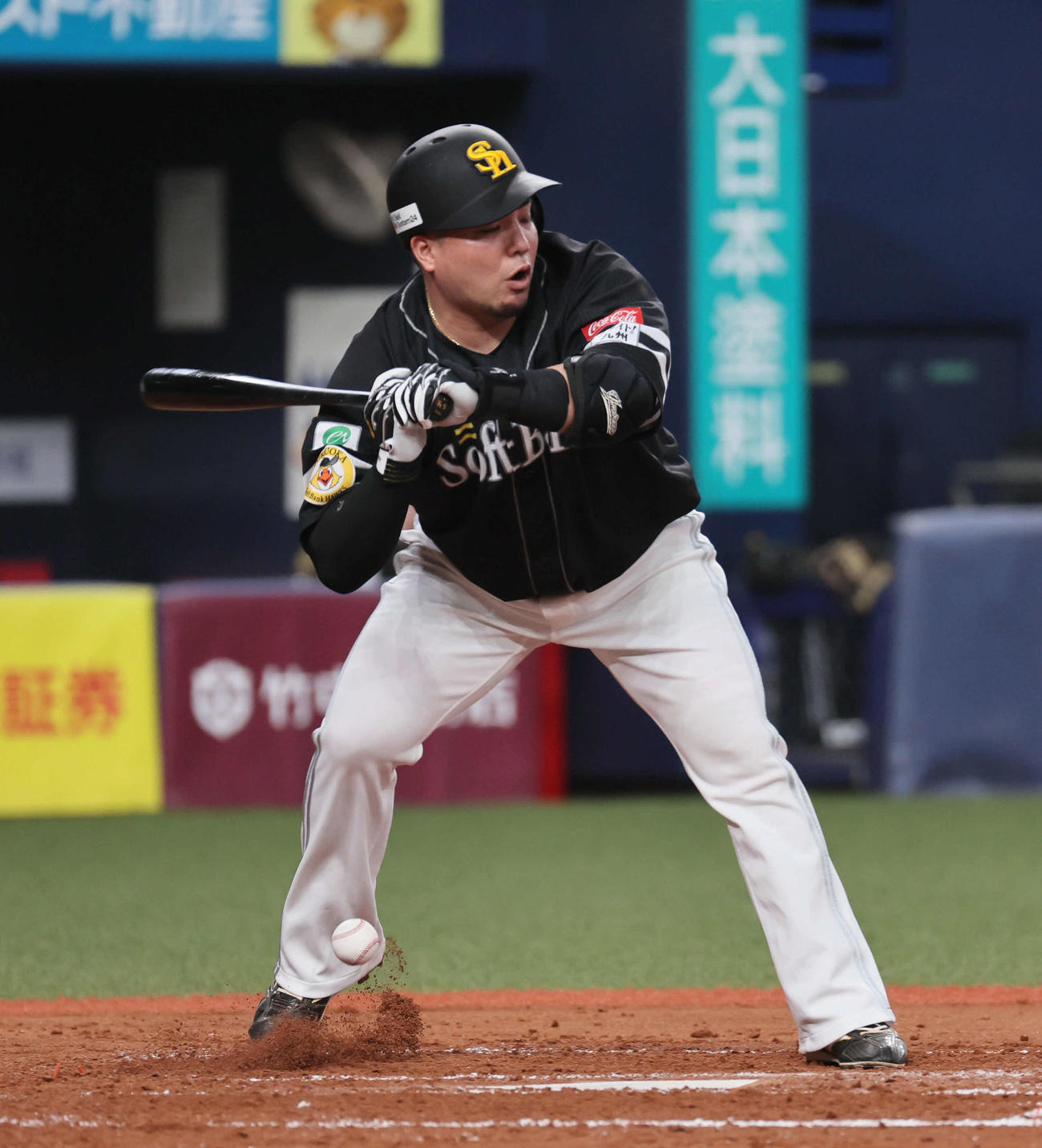 オリックス対ソフトバンク　4回表ソフトバンク2死二塁、山川は右足に死球を受ける（撮影・宮崎幸一）