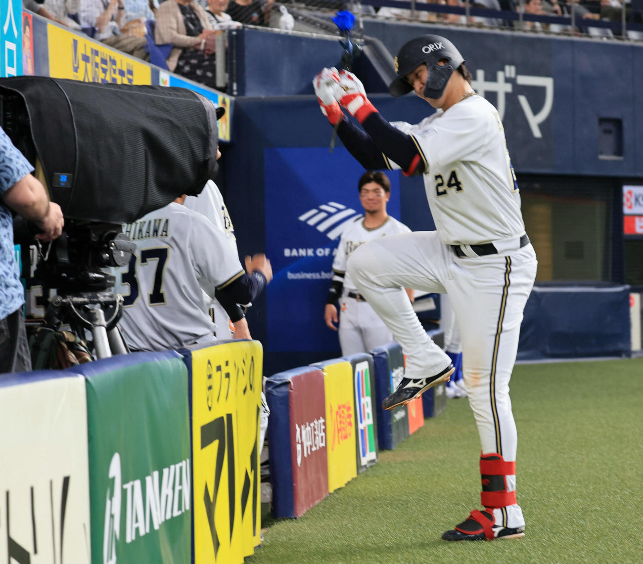 オリックス対ソフトバンク　5回裏オリックス1死、紅林は左越え本塁打を放ち、青いバラを手に踊る（撮影・宮崎幸一）