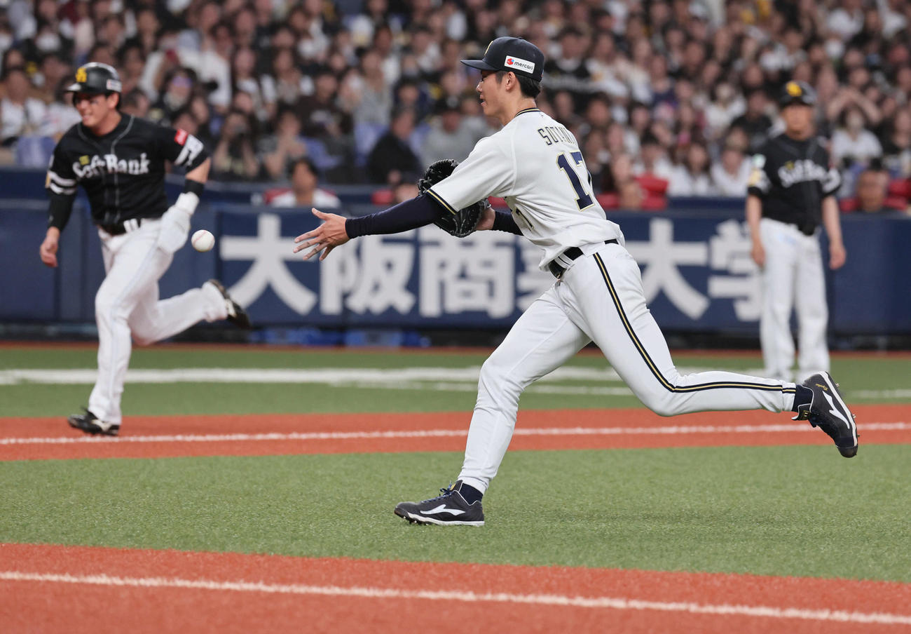 オリックス対ソフトバンク　7回表ソフトバンク1死満塁、曽谷は牧原大を投ゴロにとり生還を阻む（撮影・宮崎幸一）