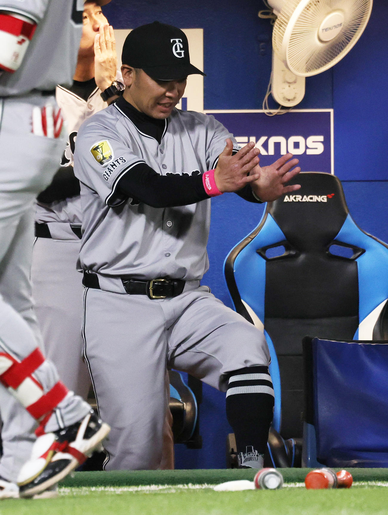 ヤクルト対巨人　ベンチでスイングのしぐさをする巨人阿部監督（撮影・野上伸悟）