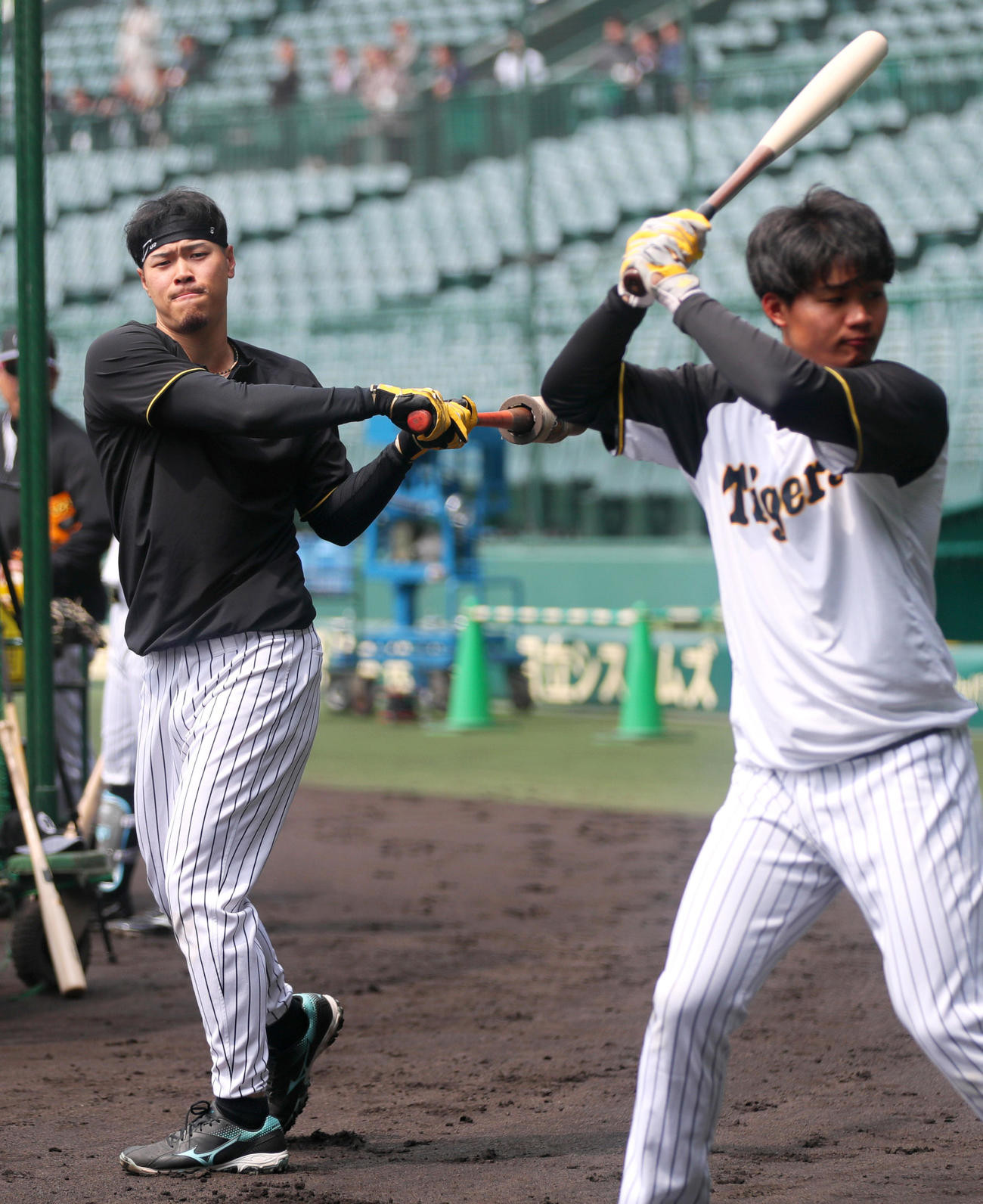 全体練習に励む阪神佐藤輝（左）と森下（撮影・上山淳一）