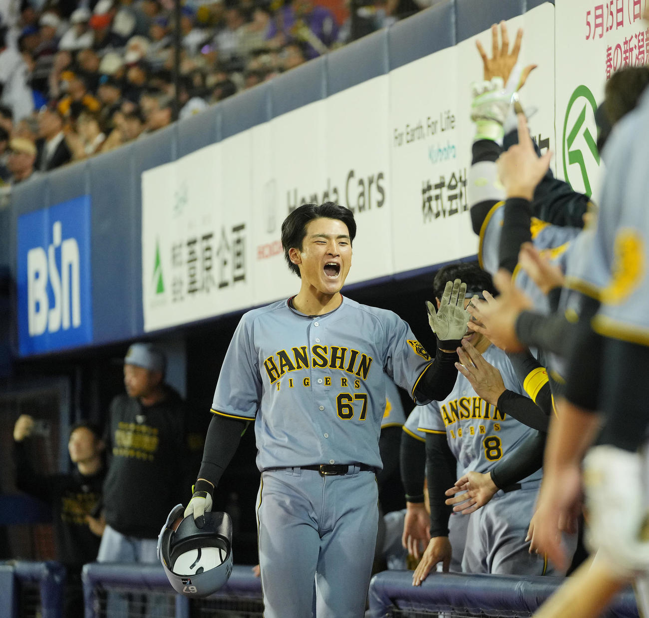 DeNA対阪神　9回表阪神2死、右越えソロ本塁打を放ちナインの出迎えを受ける高寺（撮影・垰建太）