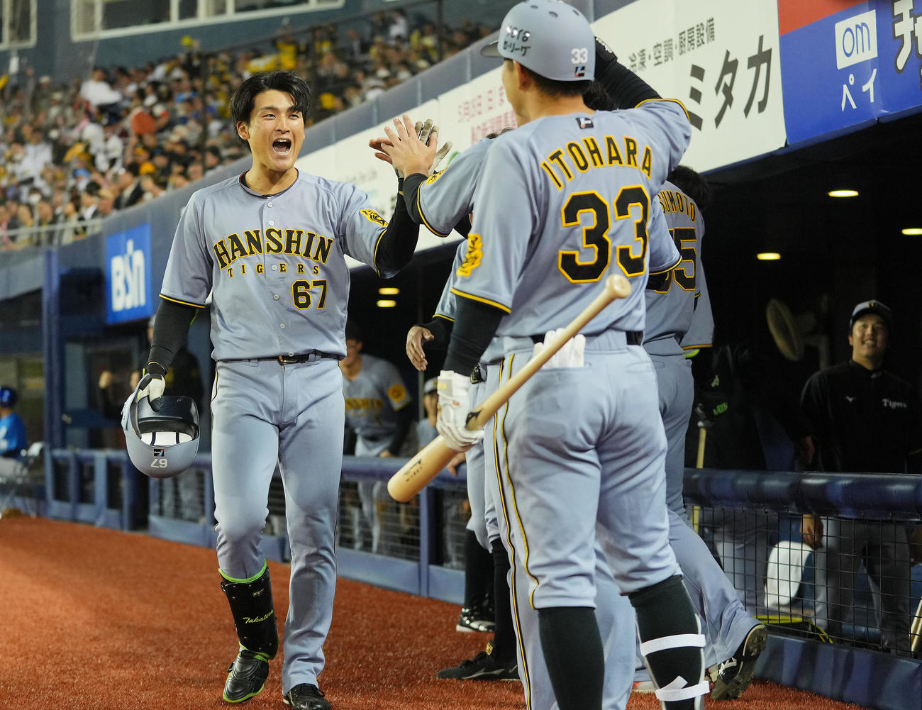 DeNA対阪神　9回表阪神2死、右越えソロ本塁打を放ちナインの出迎えを受ける高寺（左）（撮影・垰建太）