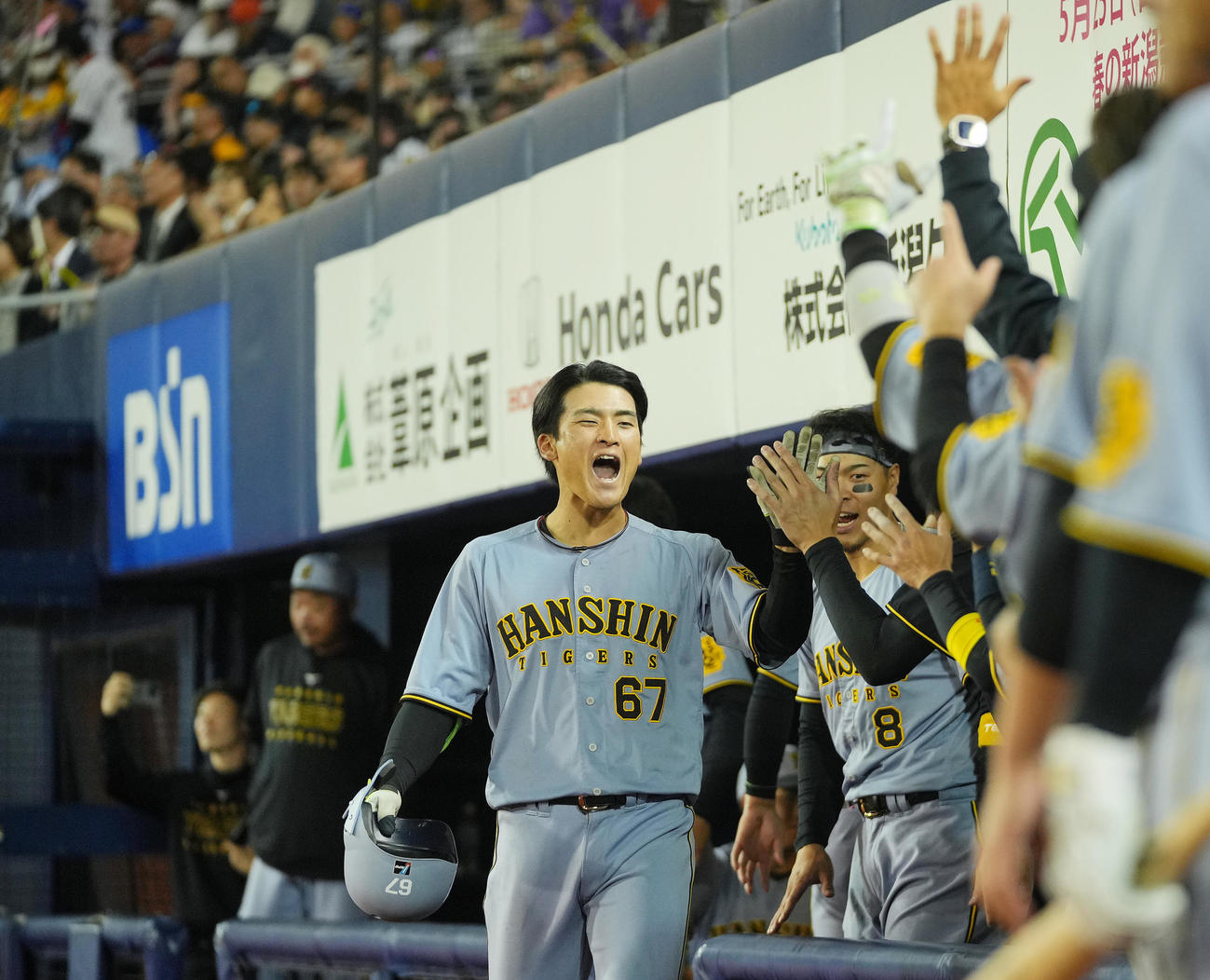 DeNA対阪神　9回表阪神2死、右越えソロ本塁打を放ちナインの出迎えを受ける高寺（撮影・垰建太）