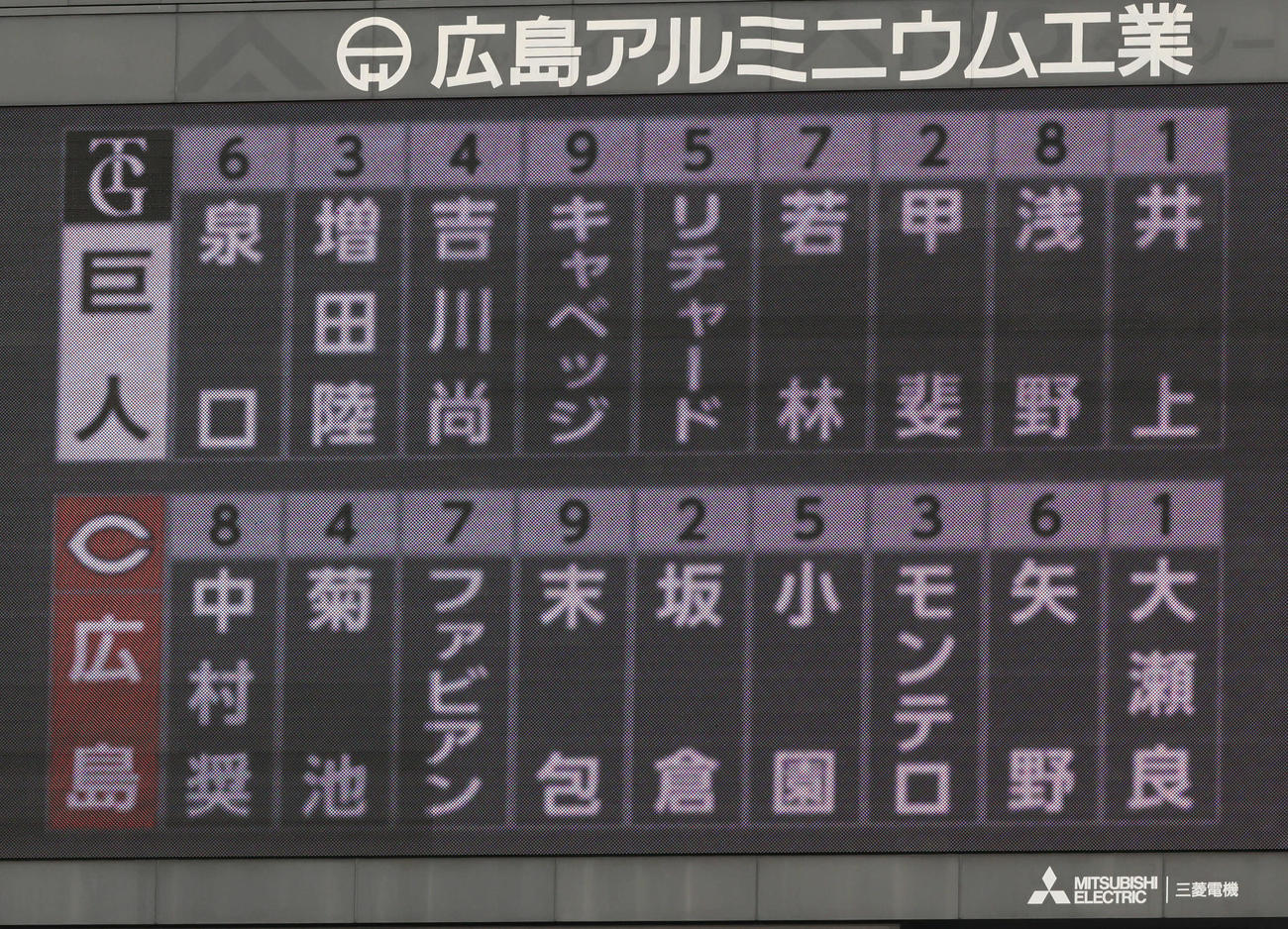 広島対巨人　両軍スタメン（撮影・加藤孝規）