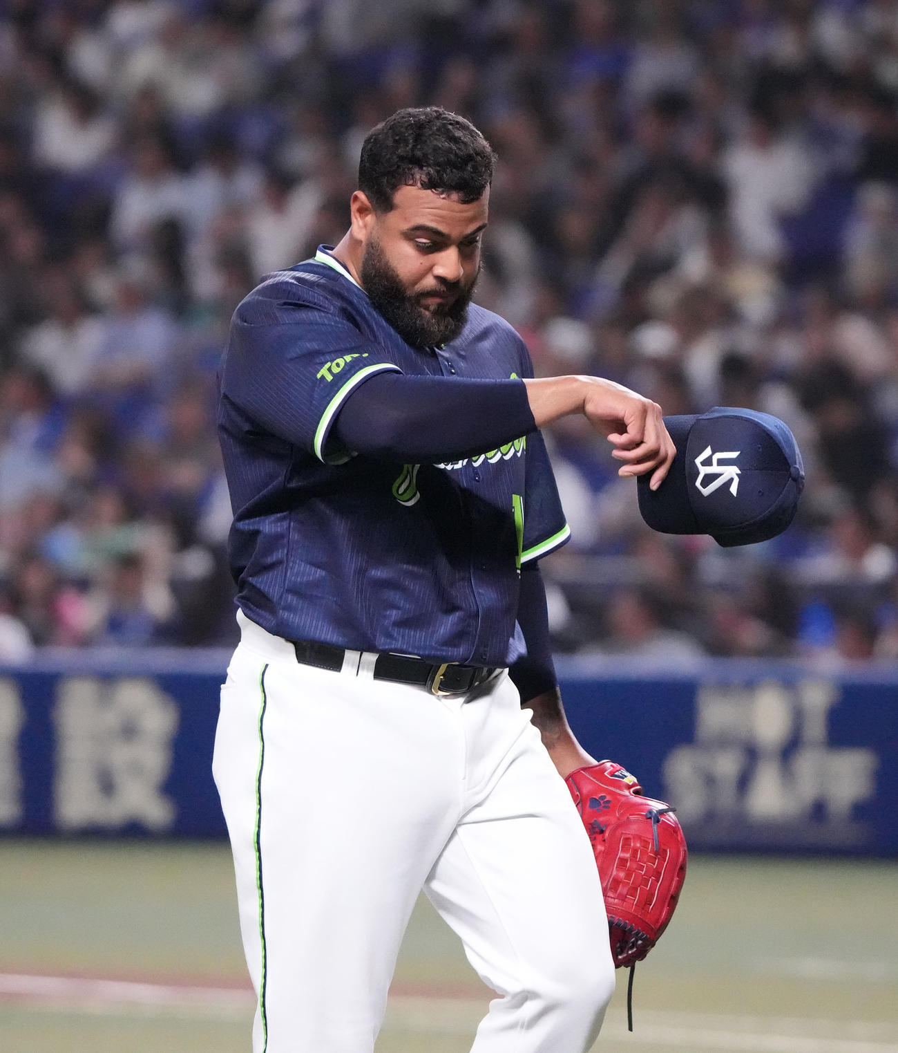 中日対ヤクルト　1回終了、ベンチへ戻るするヤクルト先発のアビラ（撮影・森本幸一）