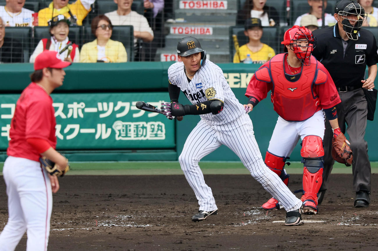阪神対広島　5回裏阪神1死二、三塁、大山は左越え2点適時二塁打を放つ。投手床田（撮影・加藤哉）