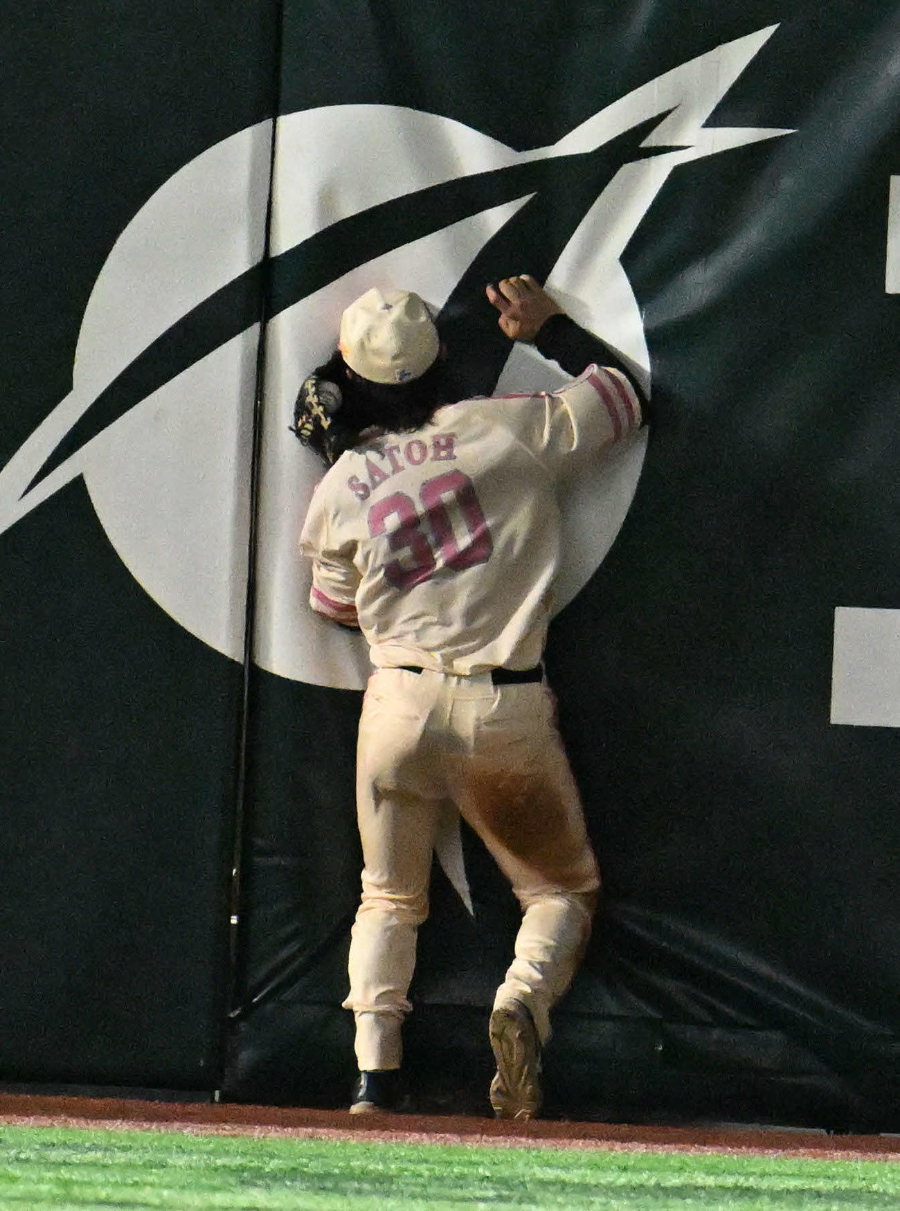 フェンス激突しながら好捕する佐藤直（撮影・林敢治）