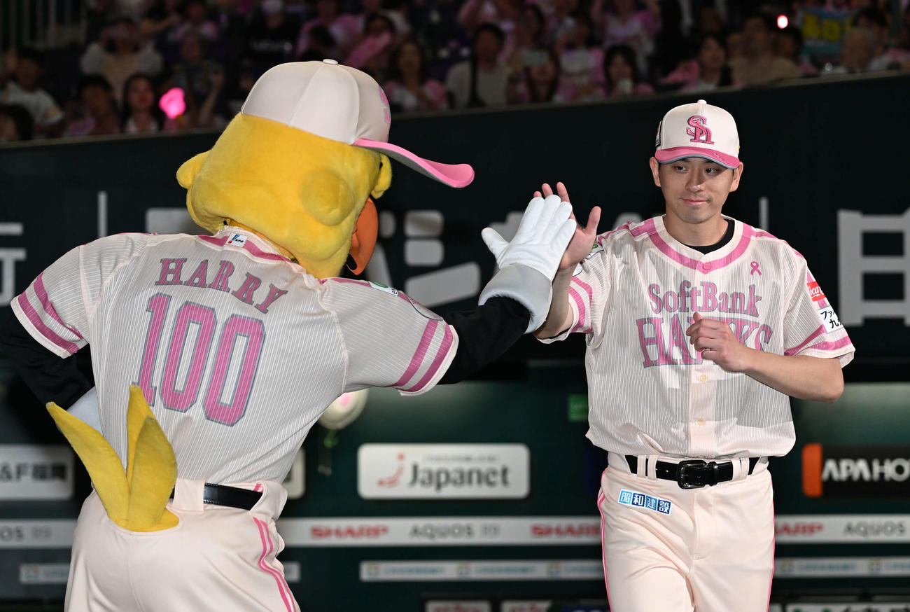 ソフトバンク対楽天　ハリーホーク（左）とタッチを交わす大関（撮影・林敢治）