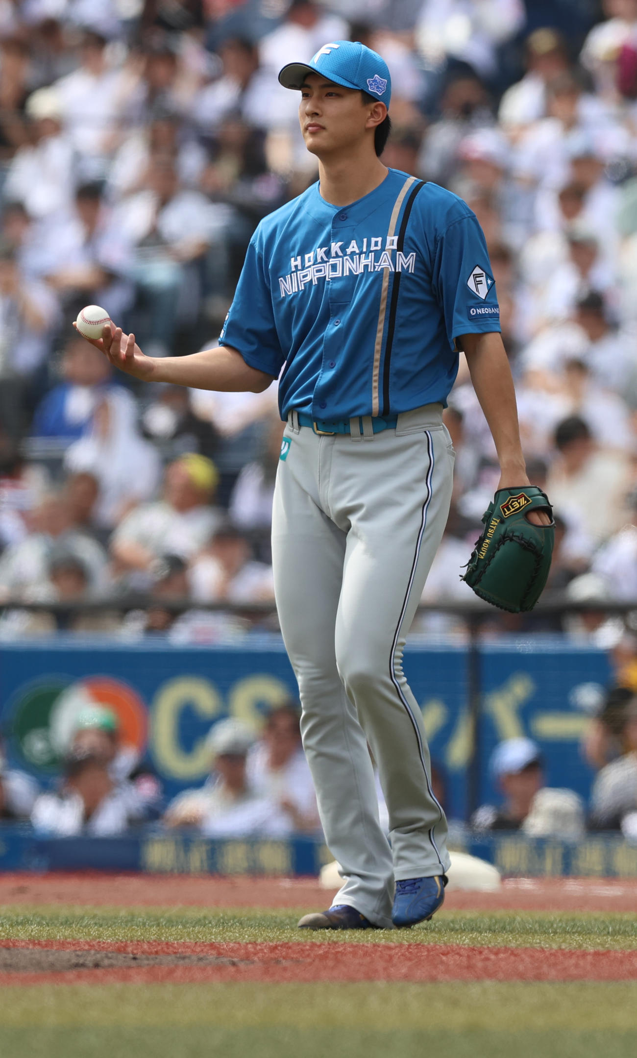 ロッテ対日本ハム　指先でボールを転がす日本ハム先発の達（撮影・水谷安孝）