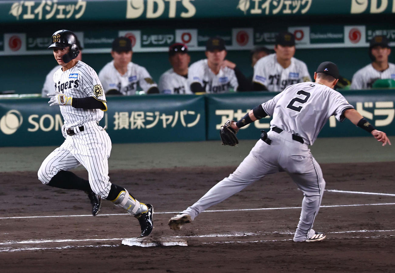 阪神対巨人　8回裏阪神無死一塁、セーフティーバントを決める熊谷。二塁手は吉川（撮影・上田博志）
