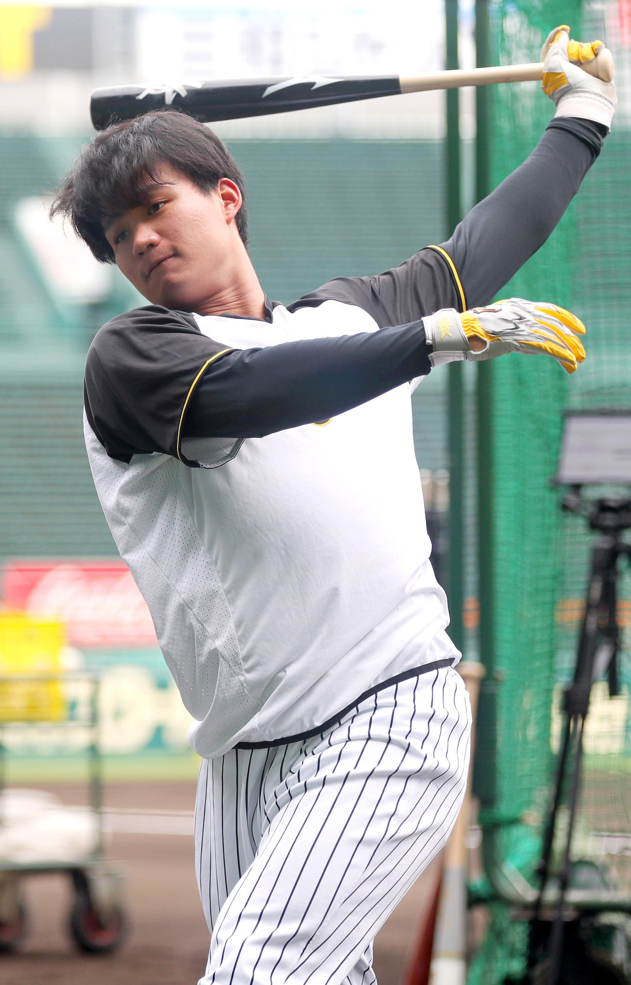 阪神対巨人　試合前の練習でトス打撃する阪神森下（撮影・上山淳一）
