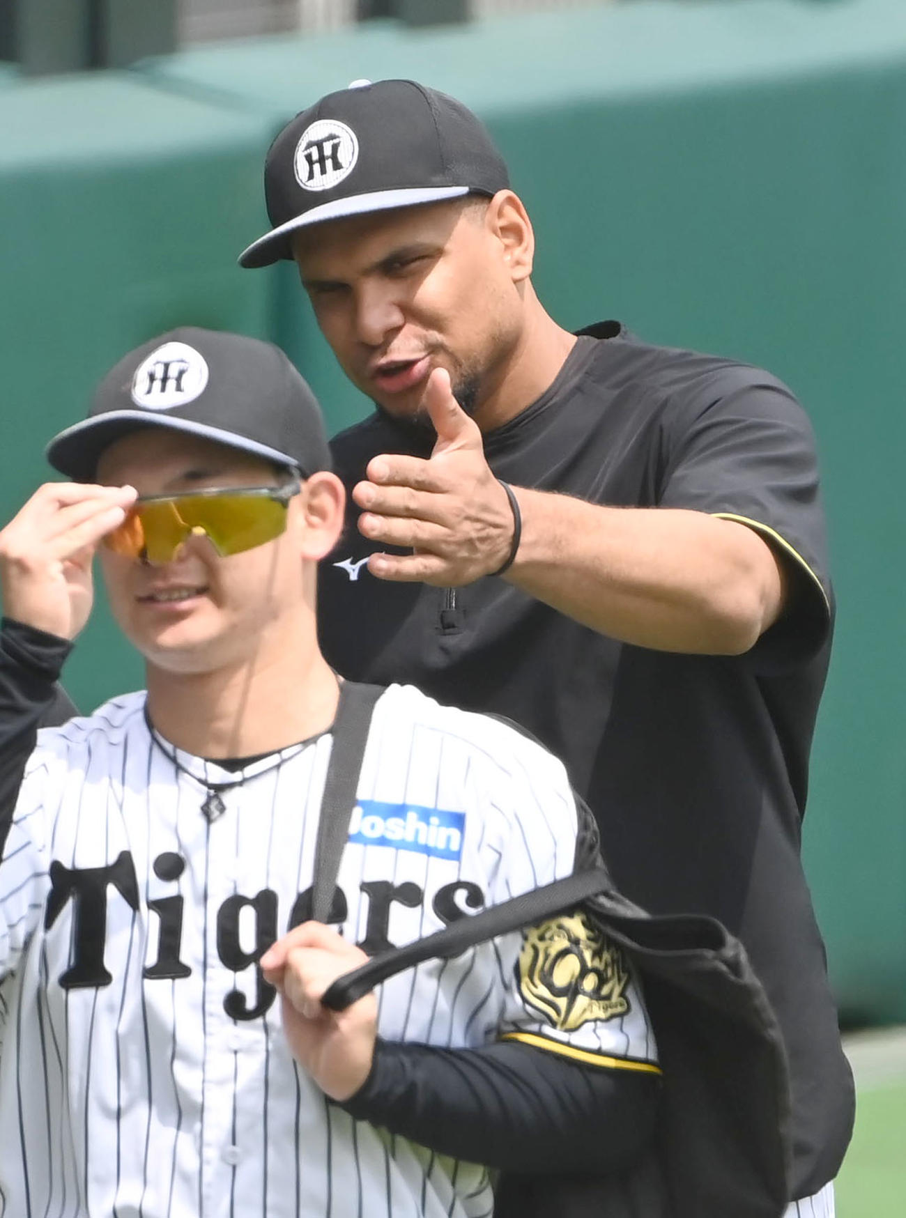 関係者の頭を見つめる阪神ヘルナンデス（右）（2025年4月16日撮影）