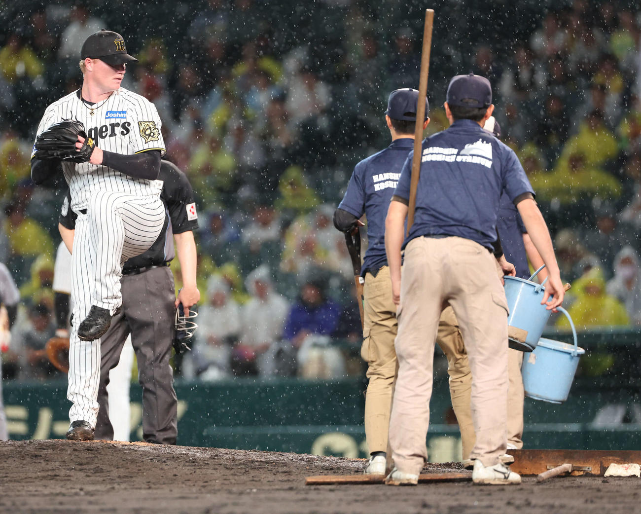 阪神対巨人　8回表、阪神4番手のネルソンはぬかるんだマウンドの西武が入り、感触を確かめるために投げる（撮影・西尾就之）