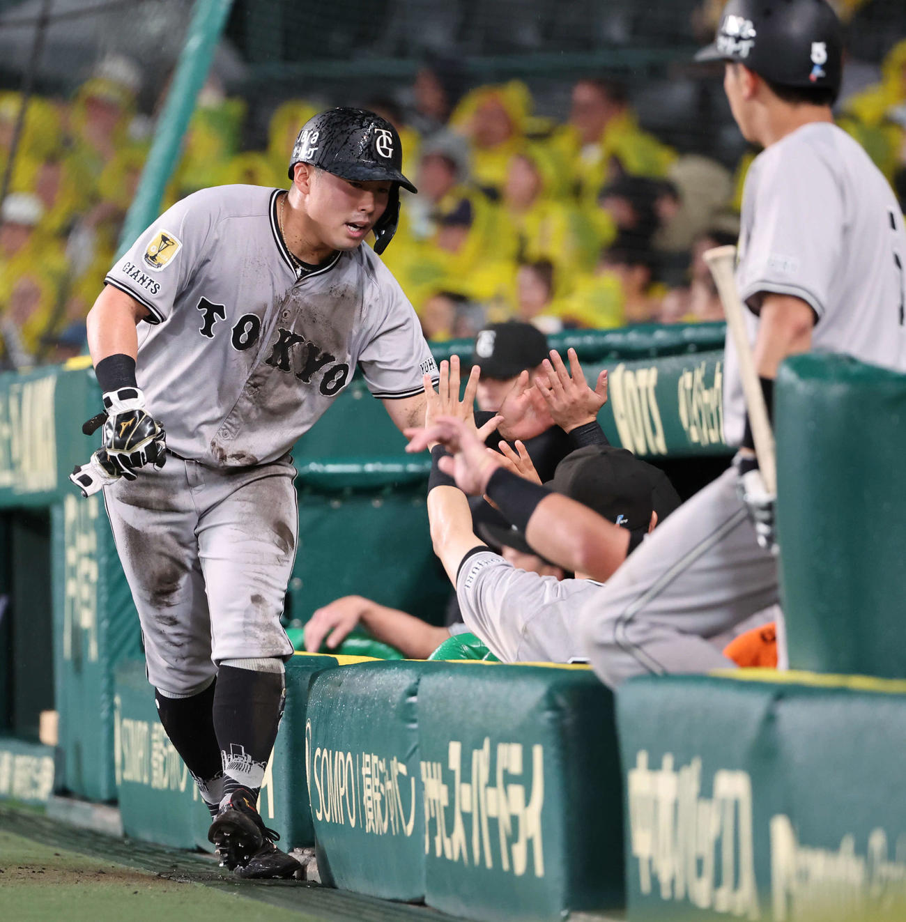 阪神対巨人　4回表巨人1死三塁、三走浅野は井上の遊ゴロで生還し、ナインとタッチをかわす（撮影・西尾就之）