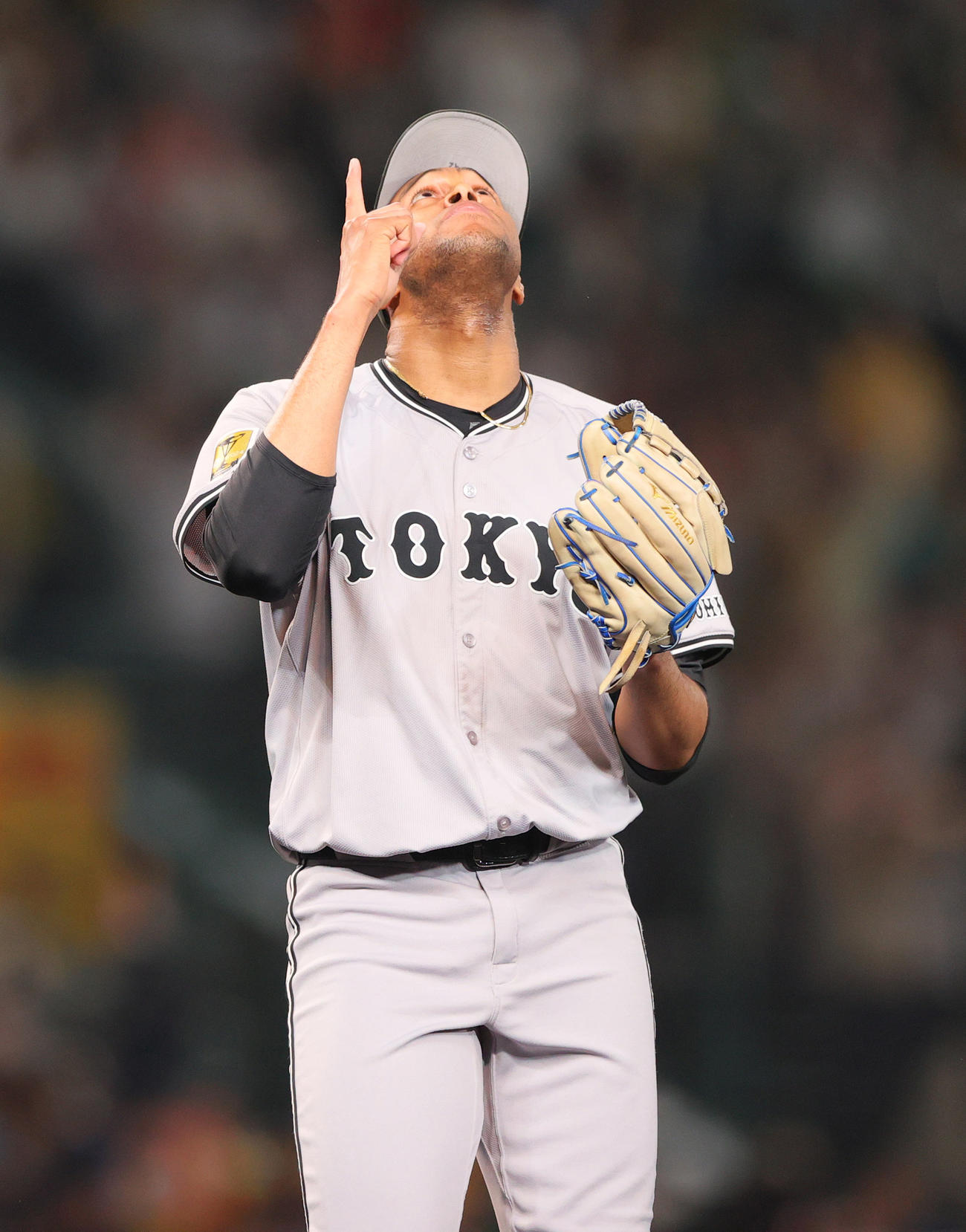 阪神対巨人　阪神に勝利し、試合を締めたマルティネスは天を見上げポーズする（撮影・上山淳一）