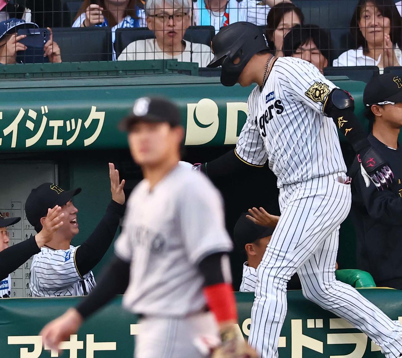 阪神対巨人　2回裏阪神無死一塁、逆転本塁打を放った大山（右）とハイタッチする藤川監督（撮影・上田博志）
