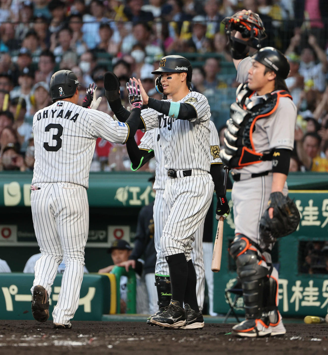 阪神対巨人　2回裏阪神無死一塁、本塁打を放った大山を迎える佐藤輝（撮影・西尾就之）