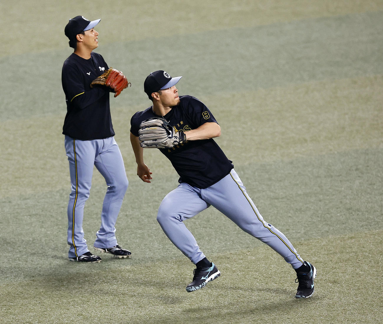 中日対阪神　右翼位置で守備練習をする阪神佐藤輝。左は植田（撮影・藤尾明華）