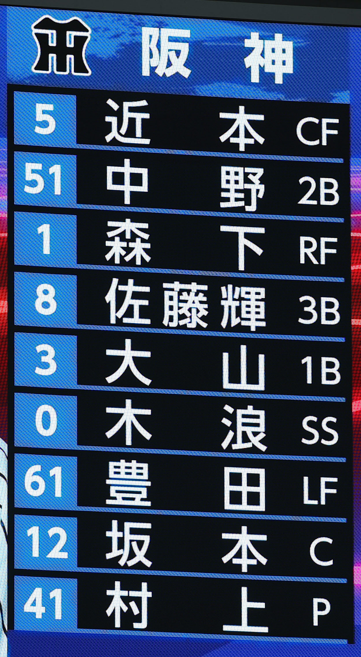 中日対阪神　阪神のスターティングメンバー（撮影・前田充）