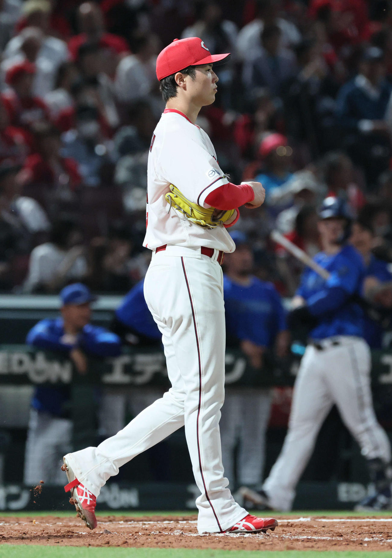 広島対DeNA 5回表DeNA2死一塁、牧に左適時二塁打を浴びた森下（撮影・加藤孝規）