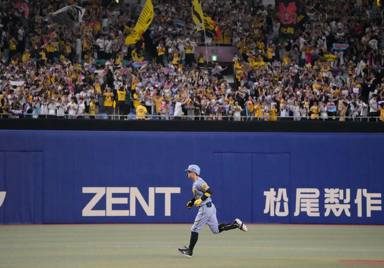 中日対阪神　2回表阪神無死、右中間へ本塁打を放ちダイヤモンドをまわる佐藤輝（撮影・森本幸一）