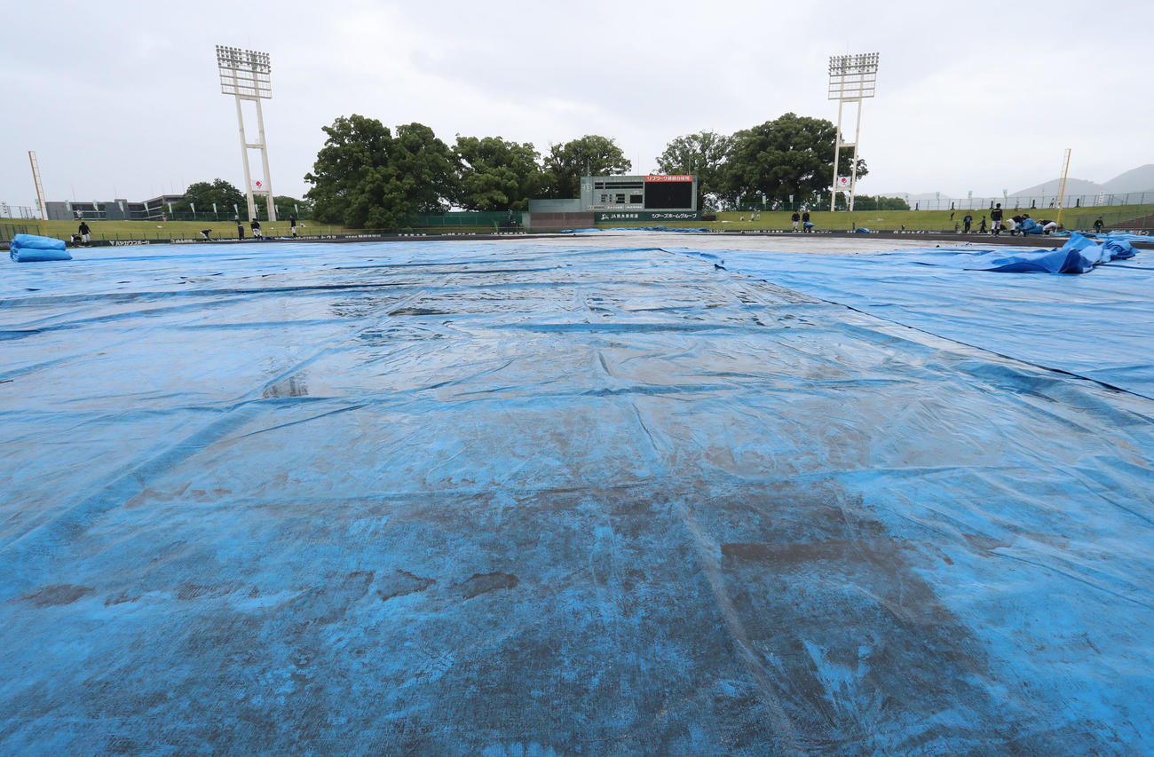 ソフトバンク対オリックスは降雨のため中止となったリブワーク藤崎台球場（撮影・梅根麻紀）