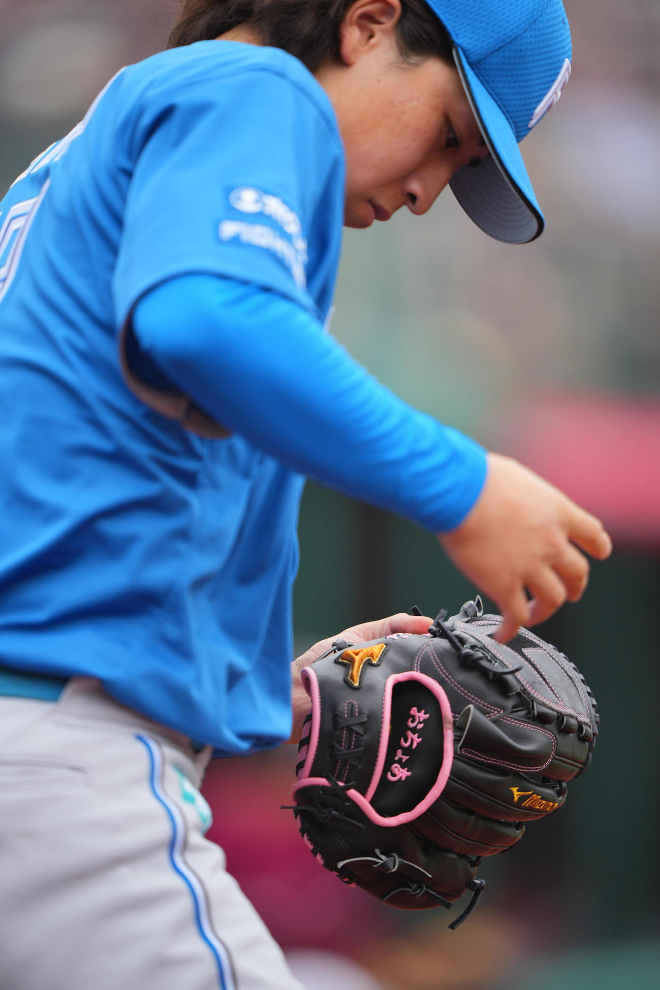 楽天対日本ハム　日本ハム先発の細野のグラブには「おちょあ」の文字の刺しゅう（撮影・垰建太）