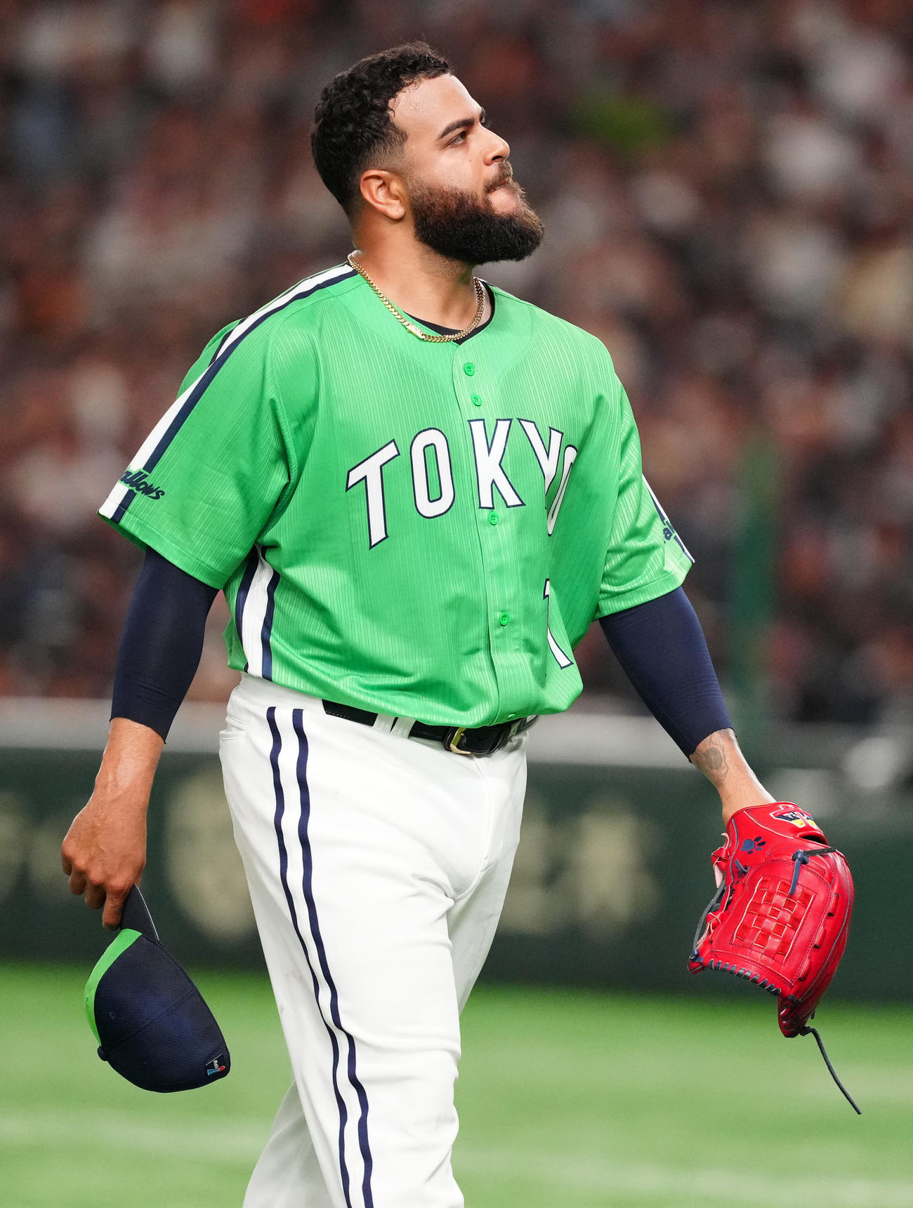 巨人対ヤクルト　2回裏終了後、ベンチに引き揚げるヤクルト先発のアビラ（撮影・江口和貴）